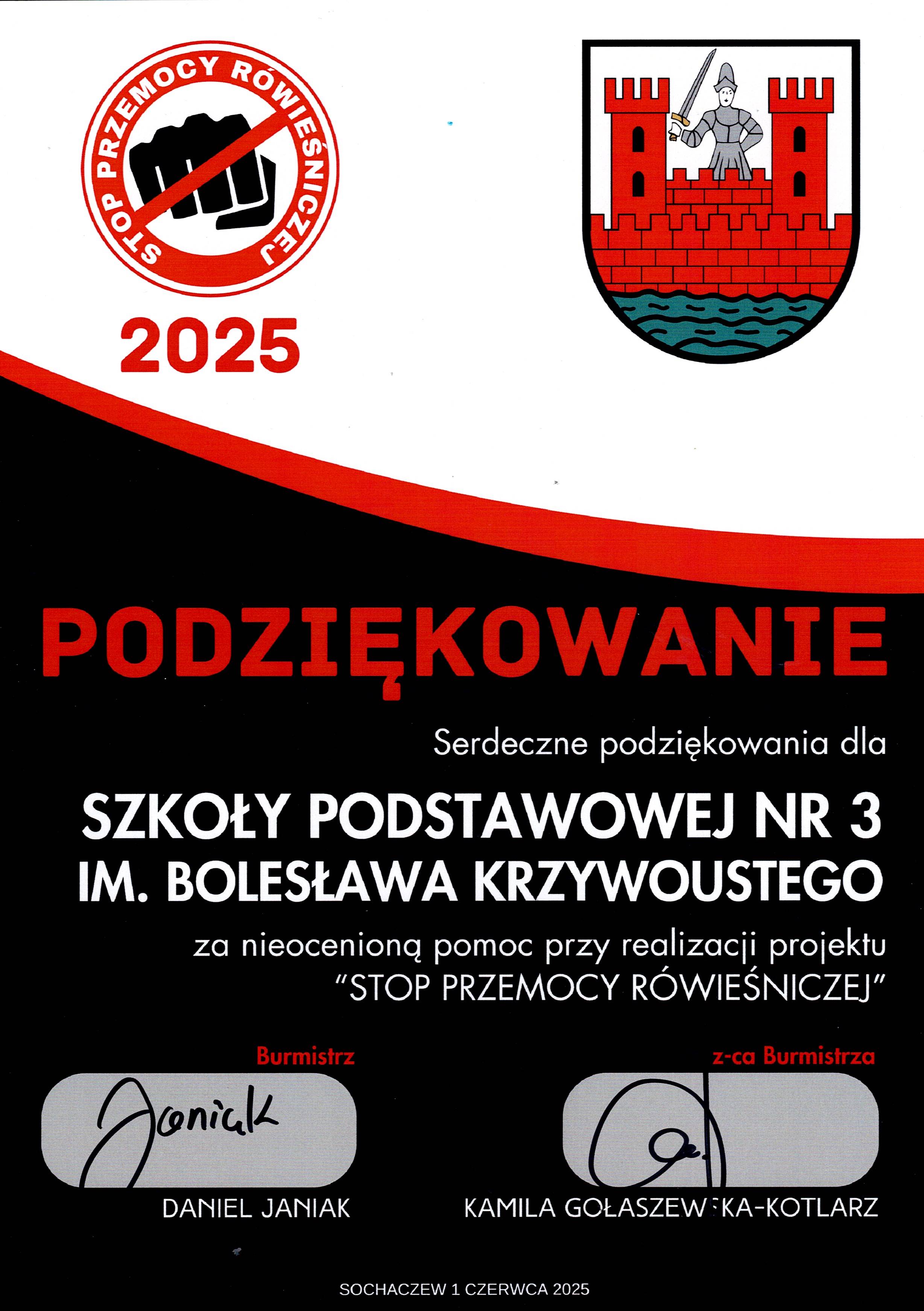 Podziękowanie za udział w&nbsp;projekcie ,,Stop przemocy r&oacute;wieśniczej"