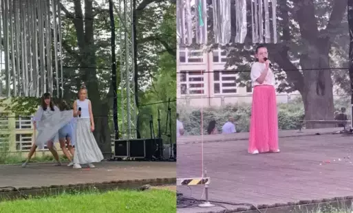Na zdjęciu widzimy  letnią scenę i tańczące i śpiewające dzieci.